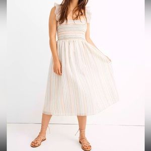 Madewell Ruffle-Strapped Smocked Midi Dress in Rainbow Stripe